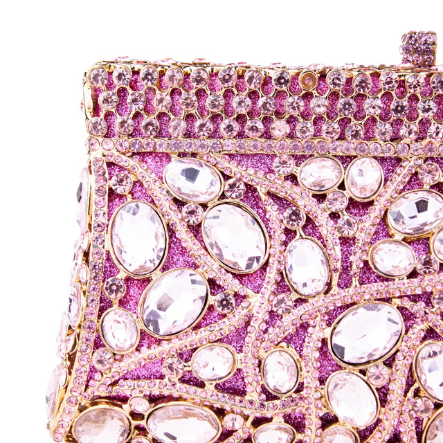 Pink Studded Crystal Work Metallic Frame Beautiful Deep Colour Handbags