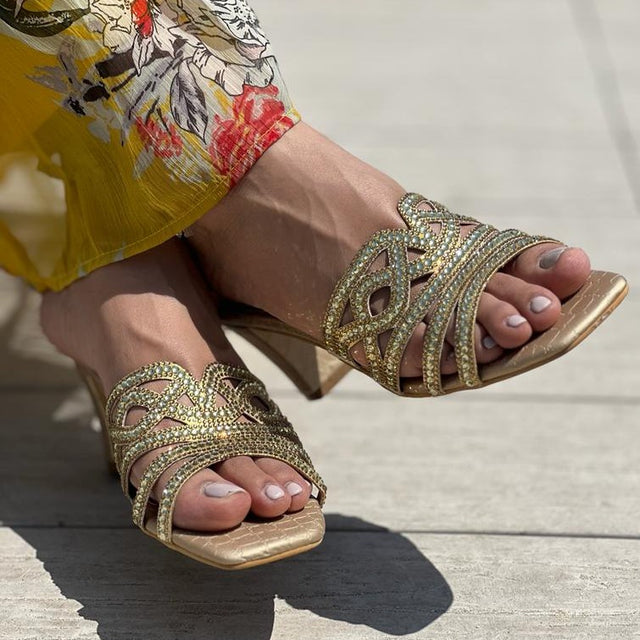 Samira Handcrafted Gold Block Heel Sandals