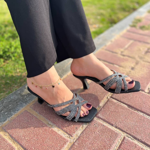 Sadaf Elevated Slate Black Pencil Heel Sandals