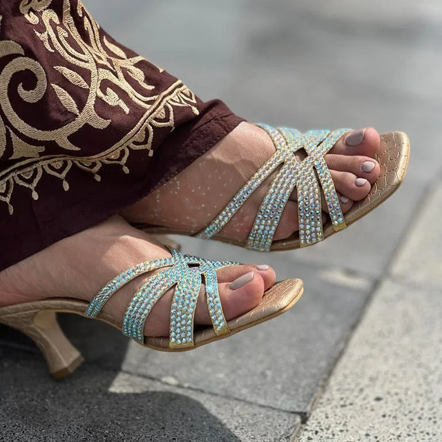 Sadaf Luxurious Gold Pencil Heel Sandals