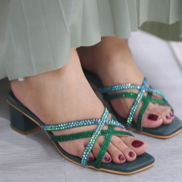 Huda Opulent Green Block Heel Sandals