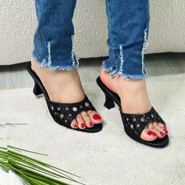 Reem Striking Black Pencil Heel Sandals