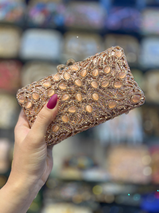 Rose Studded Crystal Work Metallic Frame Beautiful Deep Colour Handbags