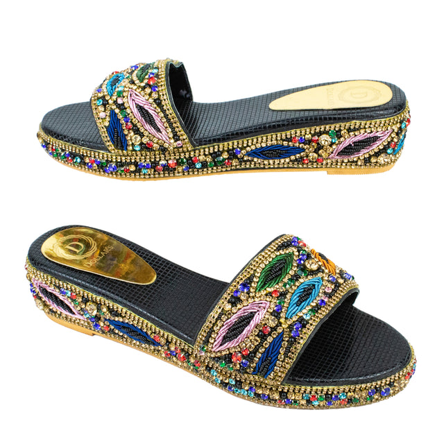 Handcrafted Black Multicolour Crystal Wedge Heel Sandals