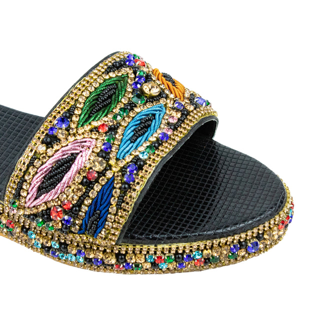Handcrafted Black Multicolour Crystal Wedge Heel Sandals