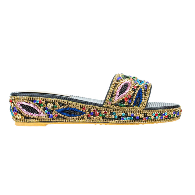 Handcrafted Black Multicolour Crystal Wedge Heel Sandals