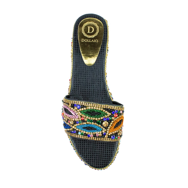 Handcrafted Black Multicolour Crystal Wedge Heel Sandals
