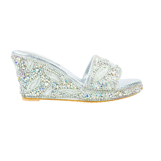 Handcrafted Glitter Silver Wedge Sandals