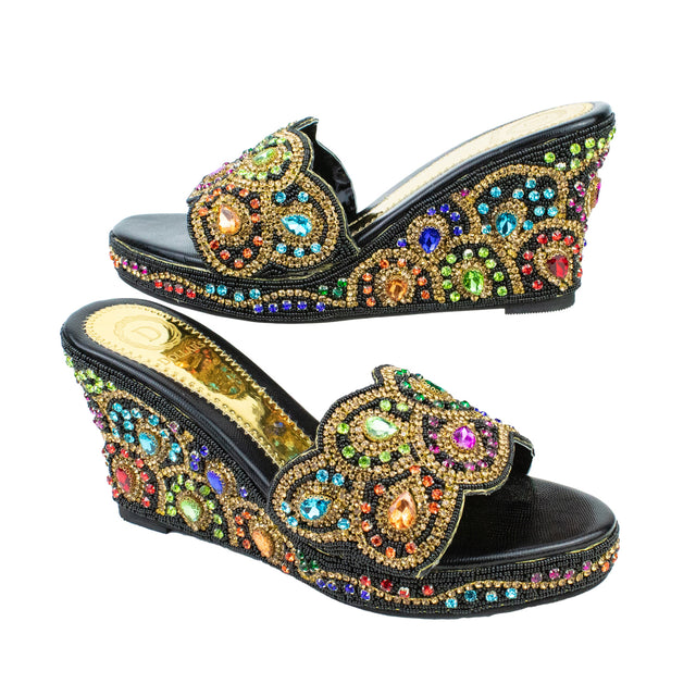 Handcrafted Black Multicolour Crystal Wedge Heel Sandals