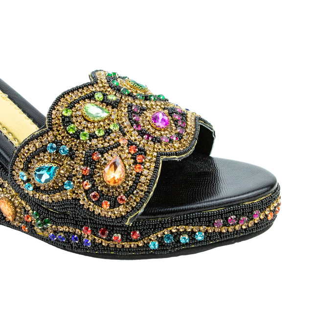 Handcrafted Black Multicolour Crystal Wedge Heel Sandals