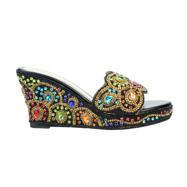 Handcrafted Black Multicolour Crystal Wedge Heel Sandals
