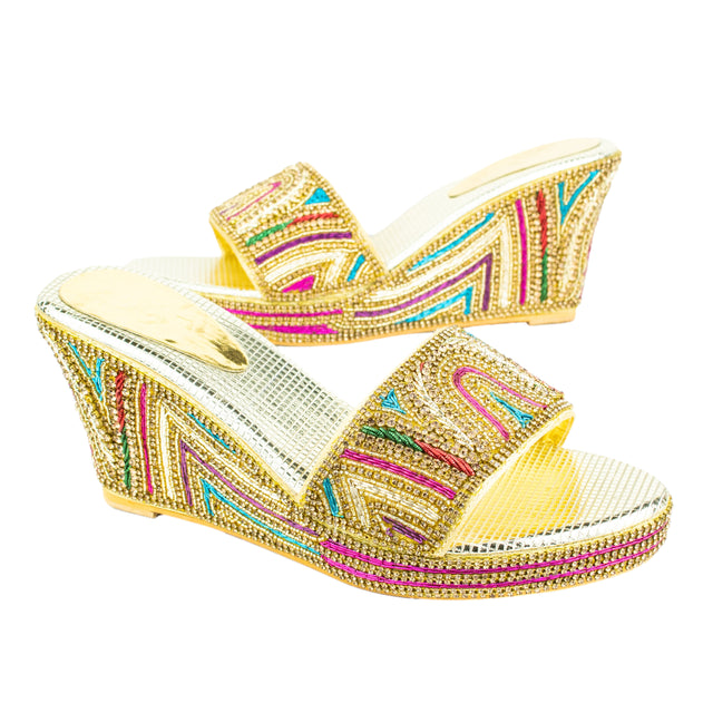 Handcrafted Gold Multicolour Wedge Heel Sandals