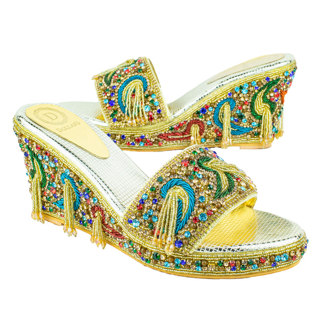 Handcrafted Gold Multicolour Wedge Heel Sandals