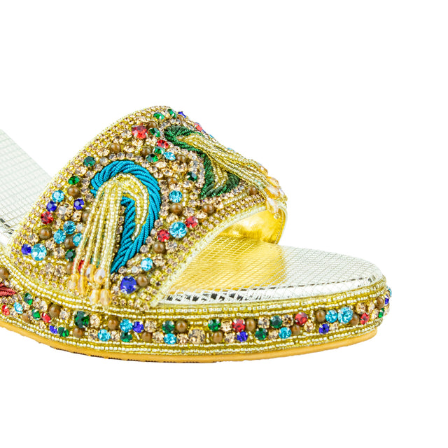 Handcrafted Gold Multicolour Wedge Heel Sandals