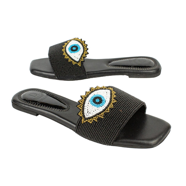 Muna Exclusive Black Flat Slippers