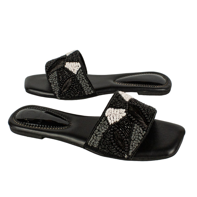 Hala Statement Black Flat Slippers