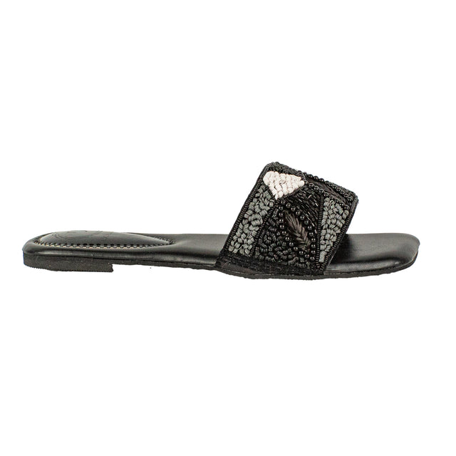 Hala Statement Black Flat Slippers