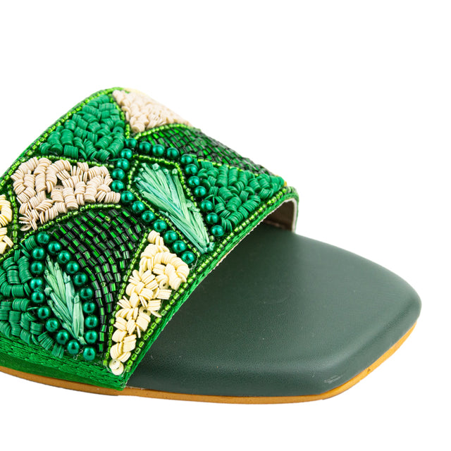 Hala Luxurious Green Flat Slippers