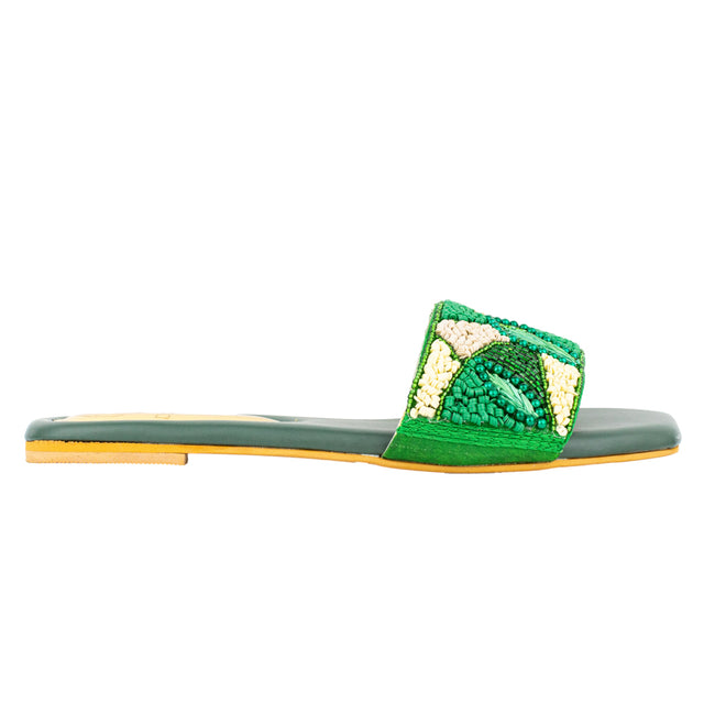 Hala Luxurious Green Flat Slippers