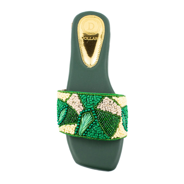 Hala Luxurious Green Flat Slippers