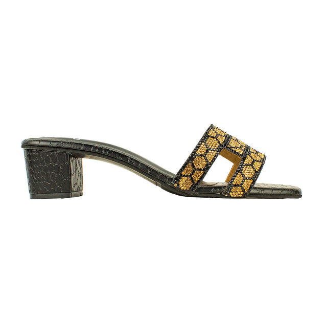 Polished Black Gold Block Heel Sandals