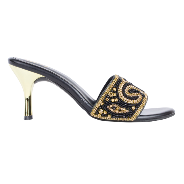 Edgy Black Gold Pencil Heel Sandals