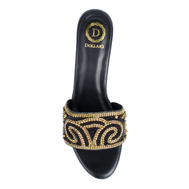 Edgy Black Gold Pencil Heel Sandals