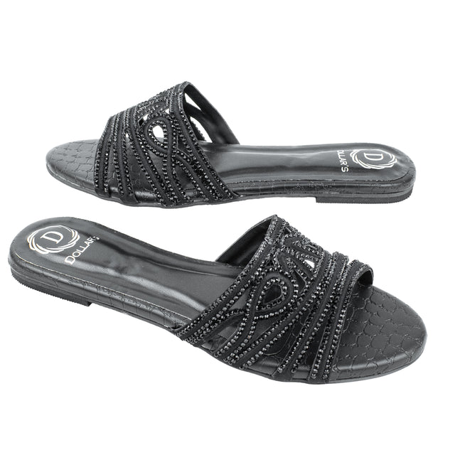 Afrah Opulent Black Flat Slippers