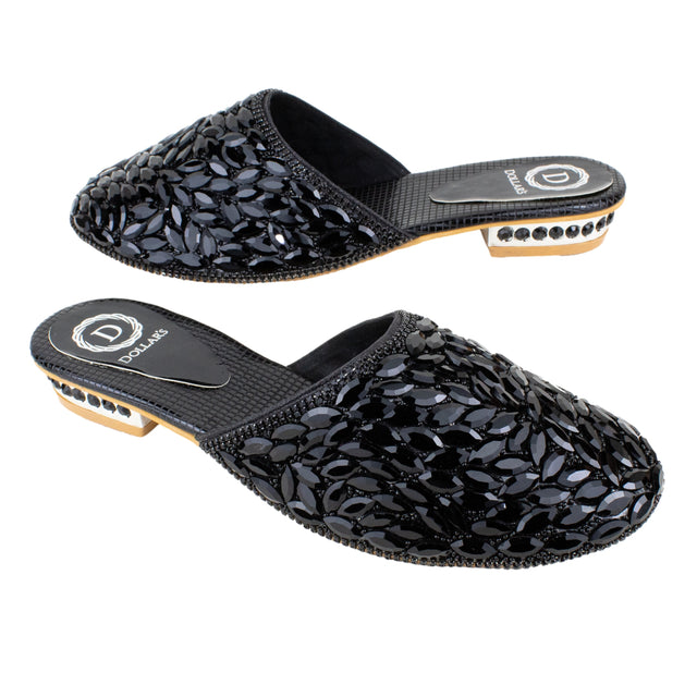 Women Handcrafted Black Flat Slippers with Crystal Stones
