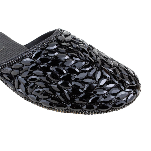 Women Handcrafted Black Flat Slippers with Crystal Stones