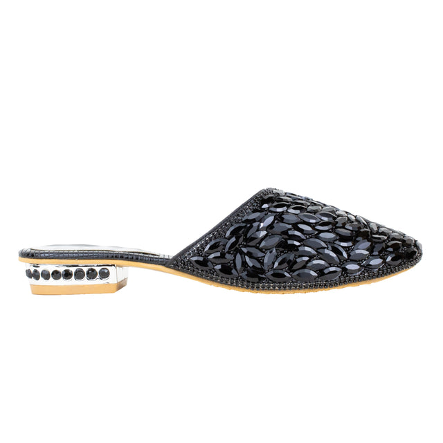 Women Handcrafted Black Flat Slippers with Crystal Stones