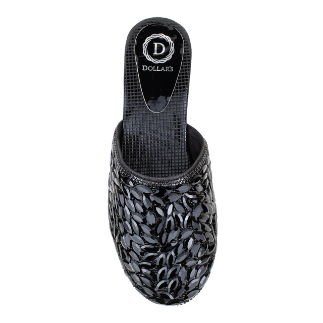 Women Handcrafted Black Flat Slippers with Crystal Stones