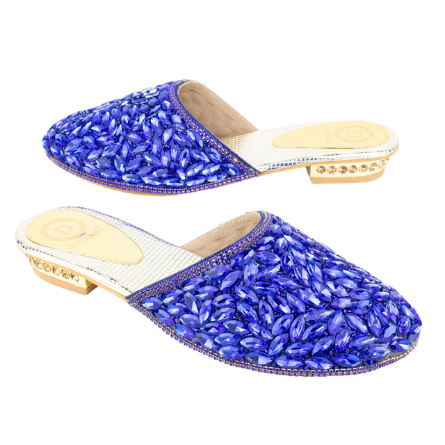 Women Handcrafted Blue Flat Slippers with Crystal Stones
