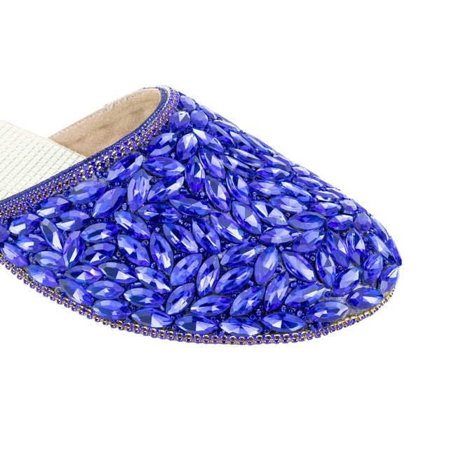 Women Handcrafted Blue Flat Slippers with Crystal Stones