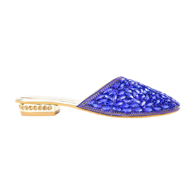 Women Handcrafted Blue Flat Slippers with Crystal Stones