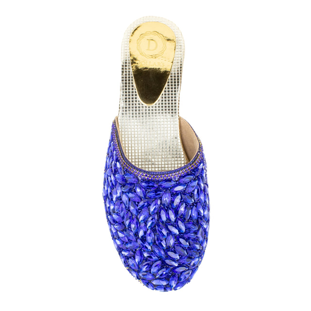 Women Handcrafted Blue Flat Slippers with Crystal Stones