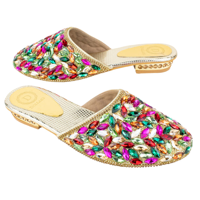 Women Handcrafted Gold Multi Flat Slippers with Crystal Stones
