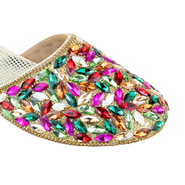 Women Handcrafted Gold Multi Flat Slippers with Crystal Stones
