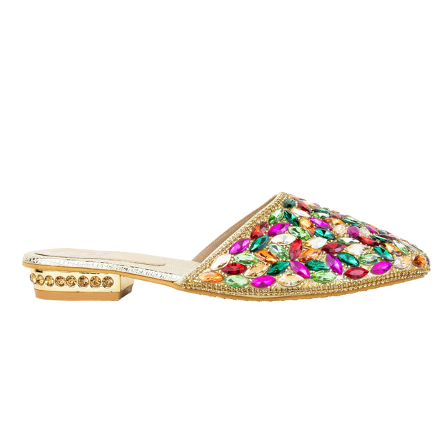 Women Handcrafted Gold Multi Flat Slippers with Crystal Stones