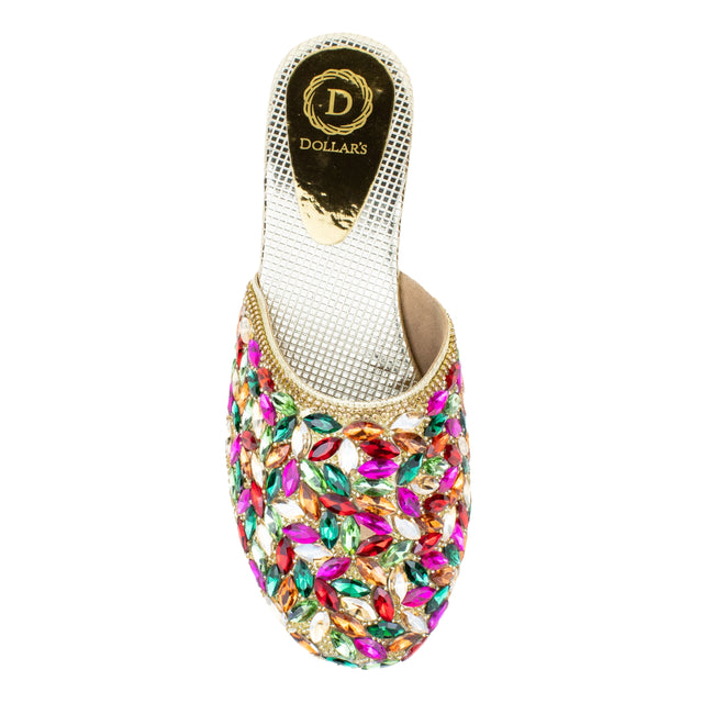 Women Handcrafted Gold Multi Flat Slippers with Crystal Stones