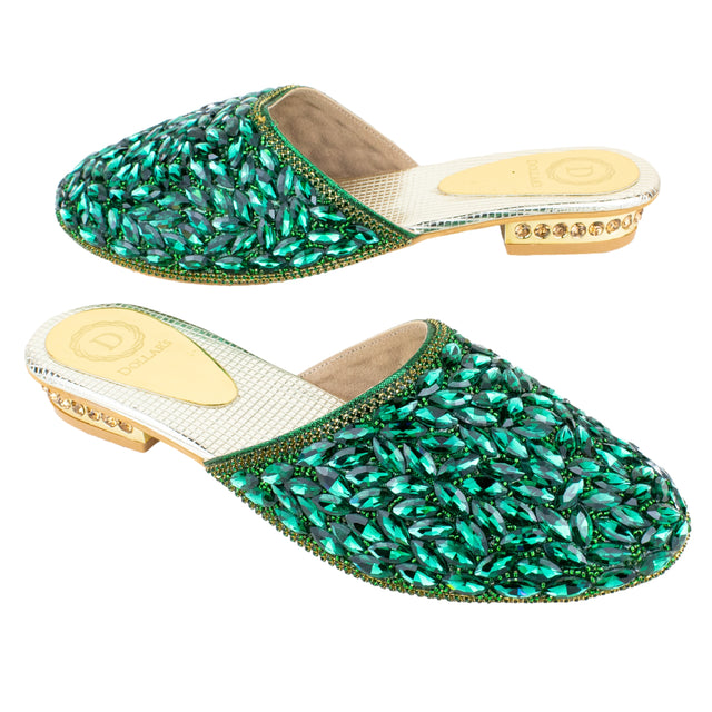 Women Handcrafted Green Flat Slippers with Crystal Stones