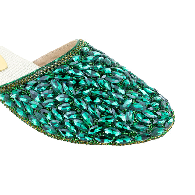Women Handcrafted Green Flat Slippers with Crystal Stones