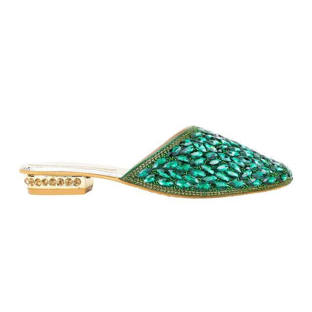 Women Handcrafted Green Flat Slippers with Crystal Stones