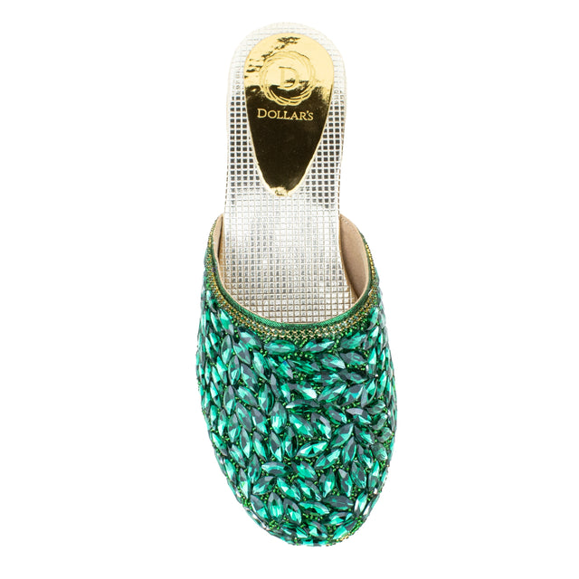 Women Handcrafted Green Flat Slippers with Crystal Stones