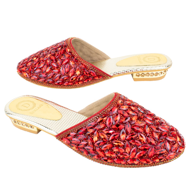 Women Handcrafted Red Flat Slippers with Crystal Stones
