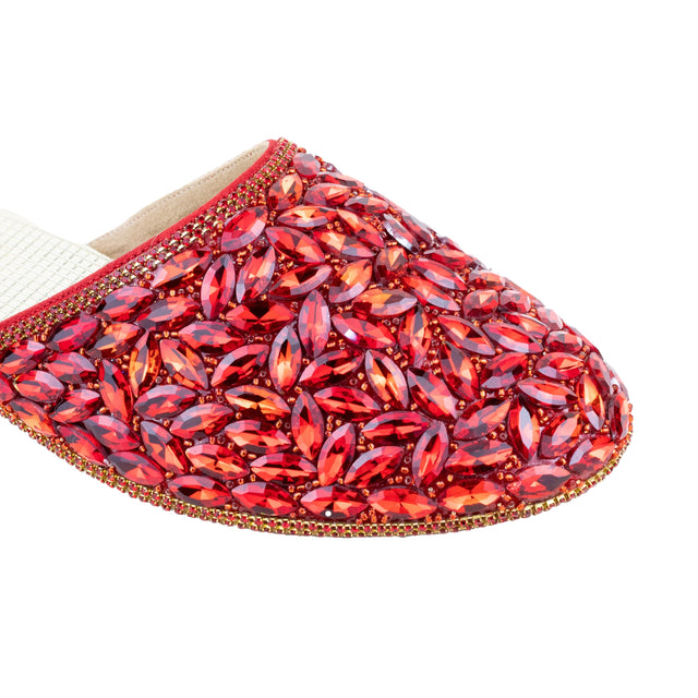 Women Handcrafted Red Flat Slippers with Crystal Stones