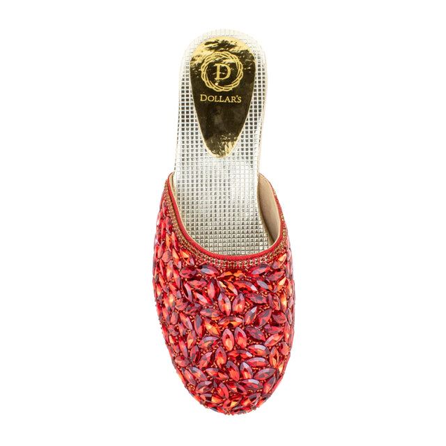 Women Handcrafted Red Flat Slippers with Crystal Stones