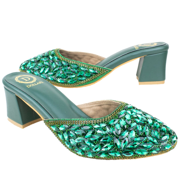 Women Handcrafted Green Heels with Crystal Stones