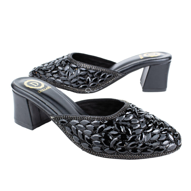Women Handcrafted Black Heels with Crystal Stones