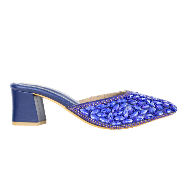 Women Handcrafted Blue Heels with Crystal Stones